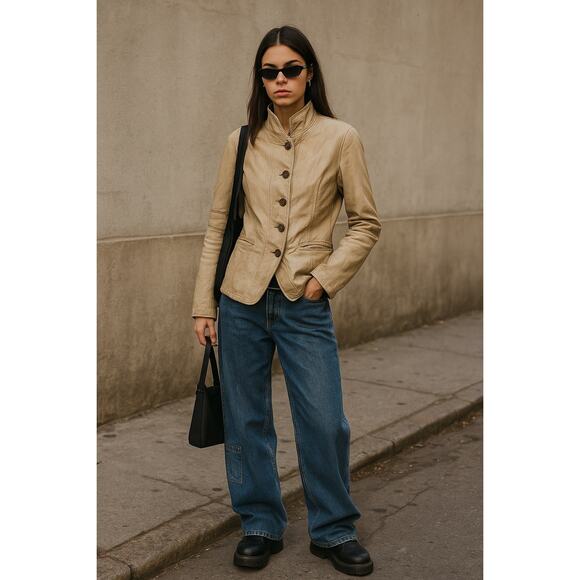 Vintage Y2K Jakett New York Cream Leather Jacket Medium Beige Moto Button Up - Picture 1 of 10